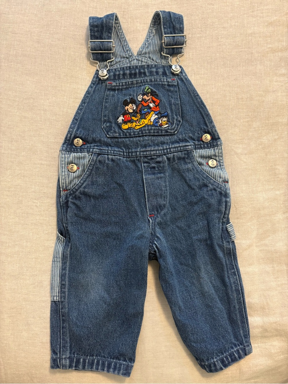 Vintage Rare Walt Disney World Mickey 12M Hickory Stripe Denim Painter Overalls